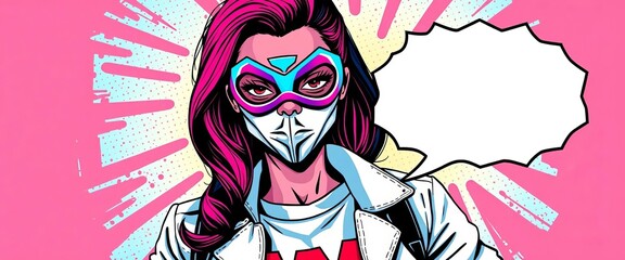 Pop art heroine, mask, white jacket, 'W' tee, empowered speech bubble,  vintage,  empowerment