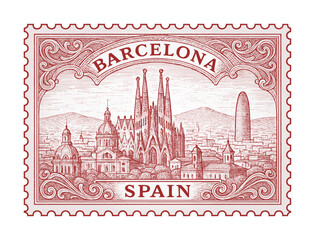 postage stamp depicts barcelona city - spain (sketch drawing)