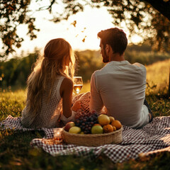 Couple enjoys romantic picnic at sunset with wine and fresh frui