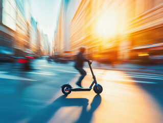 Urban evening commute on electric scooter in vibrant city street