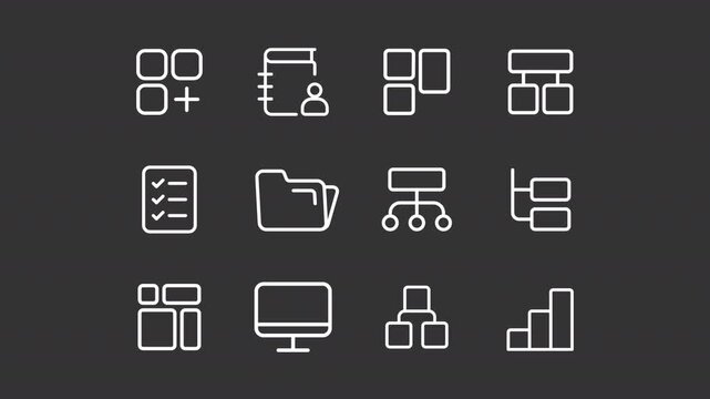 Project management ui icons white line animation set. Information organization animated user interface elements isolated on dark background. Task management, business workflow. HD video.