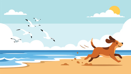 Flat vector illustration of a dog running along the beach, joyful seaside pet activity scene with waves, sand, and outdoor lifestyle atmosphere