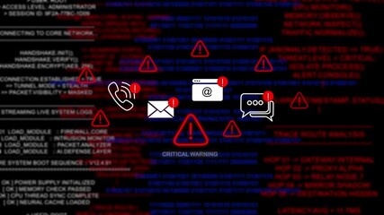 A digital screen interface displaying a critical security breach. Red alert warning of a cyber attack with malware and ransomware. Hacking data concept in 4K - Powered by Adobe