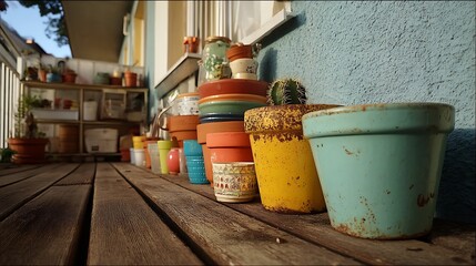 Casually Shot Balcony Corner with Clutter, Old Flower Pots and Plastic Containers, Plain Lighting, Slight Crop and Tilt, Realistic Urban Home Environment, No People