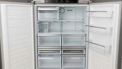 Open freezer door revealing clean empty drawers