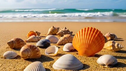 Collection of seashells on a sandy beach with ocean waves in the background