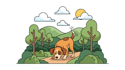 Fototapeta premium Vector illustration of a dog exploring a forest trail, wildlife-inspired pet adventure scene with trees, bushes, and natural curiosity theme