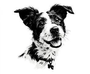 Black and white illustration of a happy dog with perked ears and open mouth wearing a collar with tag on white background Generative AI