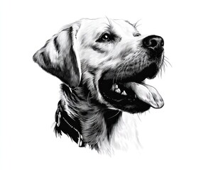 Black and white illustration of a happy Labrador retriever dog with tongue out and detailed fur texture on white background Generative AI