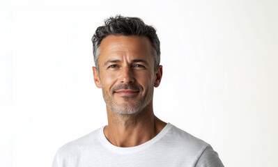 Confident middle aged man with salt and pepper hair smiling slightly while wearing a white t shirt on white background Generative AI