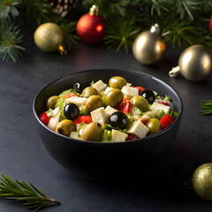 olivier salad in a black bowl on a dark background