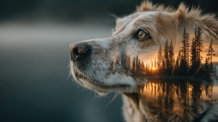 Double exposure of a thoughtful dog face combined with a scenic forest sunset reflected in a lake creating a dreamy surreal effect Generative AI