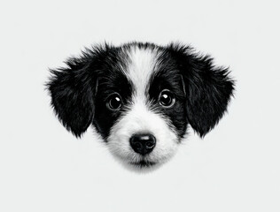 Adorable black and white puppy with fluffy fur and big round eyes staring forward on a clean white background Generative AI