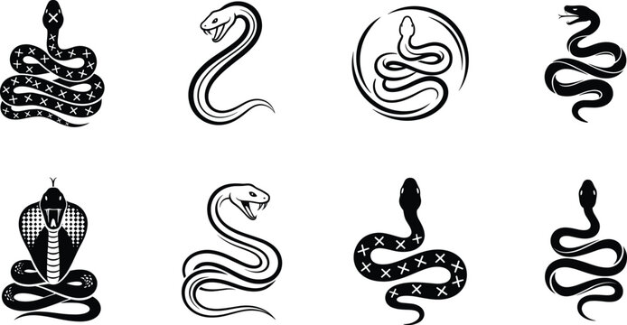 Stylized snake vector illustration set with cobra, coiled serpent, artistic reptile designs, black and white tattoo logo collection