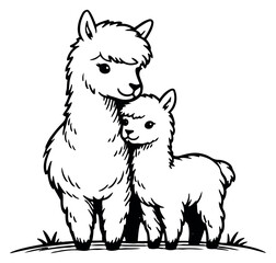 Obraz premium Hand drawn line art illustration of an alpaca mother and baby depicting affection for children's designs