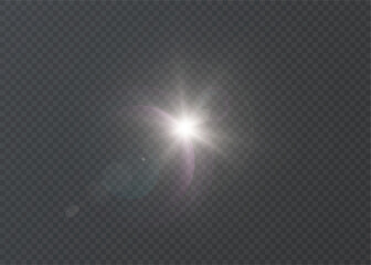 Bright white flare with star-shaped dispersion and soft circles of glare. Vector light effect isolated on a transparent background for photo composition, cinematic flare, and abstract backgrounds.