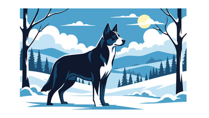 Vector illustration of a dog standing in a snowy landscape, winter wildlife-style scene with alert posture and cold seasonal atmosphere