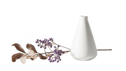 White vase with small purple flowers and brown leaves on transparent background