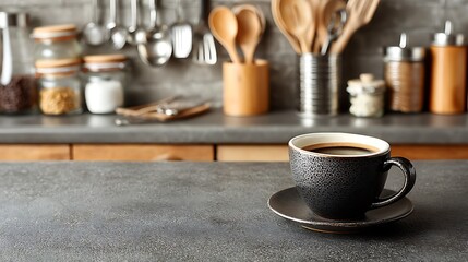 Kitchen Countertop with Half-Full Coffee Cup, Scattered Utensils and Miscellaneous Items, Cup Edge Cropped, Flat Lighting, Slightly Tilted Angle, No People