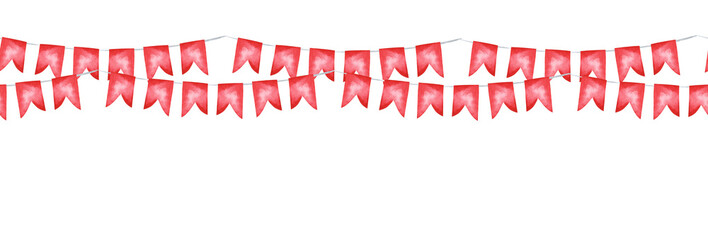 Set of watercolor garland, red flags illustration. Red flag buntings seamless border. Hand painted sketchy drawing on white background, cut out clip art hearts for valentines day design.