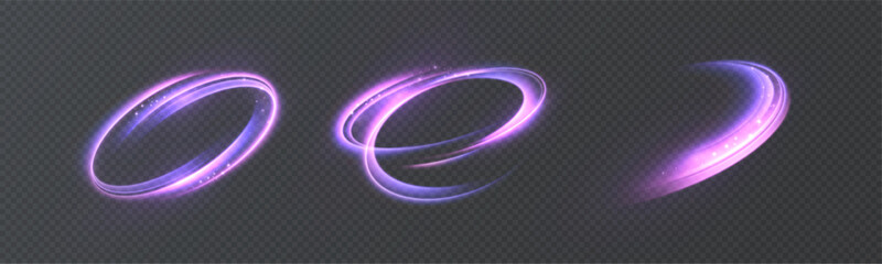 Bright purple light trail. Colorful swirling light effect on a transparent background. Vector image.