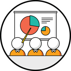 Flat line vector icon of a business presentation with figures viewing colorful data pie charts.