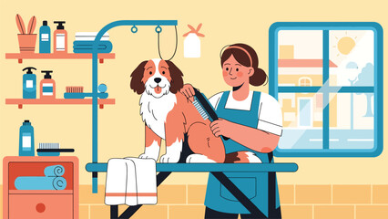 Vector illustration of a dog enjoying grooming time, pet care routine scene with brush and towel in clean flat solid color style
