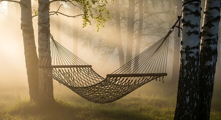 Fototapeta premium Peaceful relaxation in a hammock surrounded by misty woods and golden light.