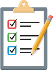 Grey clipboard holding a completed checklist with colorful red green and blue checked boxes and a yellow pencil.