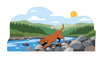 Vector illustration of a dog exploring rocks near a river, nature adventure pet scene with curiosity and outdoor exploration theme © meeblues