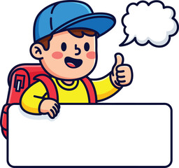 Happy cartoon schoolboy with a red backpack and blue cap giving a thumbsup gesture while holding a blank white sign.