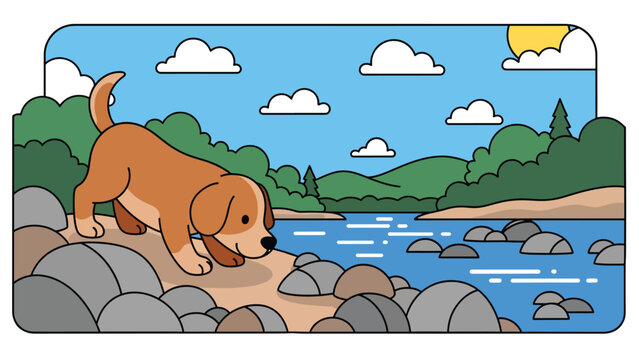 Vector illustration of a dog exploring rocks near a river, nature adventure pet scene with curiosity and outdoor exploration theme - Powered by Adobe