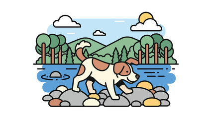 Vector illustration of a dog exploring rocks near a river, nature adventure pet scene with curiosity and outdoor exploration theme