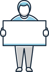 Minimalist blue and gray cartoon figure holding a blank white banner for messages.