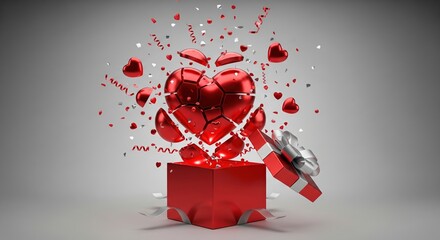 3D render of a metallic red heart shattered into pieces bursting out of a red gift box. Concept of broken heart or passion.