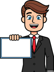 Smiling cartoon businessman in a black suit and red tie holding a blank white sign.