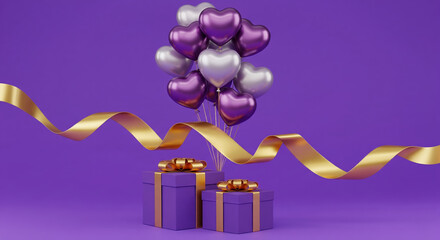 Purple gift boxes with gold ribbons and purple heart balloons. Luxury 3D render for anniversary or celebration on purple background.
