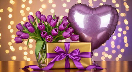 Gold gift box with purple tulips and purple heart balloon. Elegant floral arrangement and present for anniversary celebration.