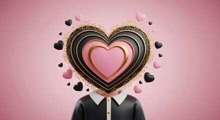 3D character torso with an ornate layered heart for a head. Conceptual illustration of love, identity and fashion on pink background.