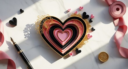 Layered paper heart with gold filigree, fountain pen and wax seal. Romantic flat lay on marble for love letter or wedding invitation.