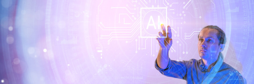 Man presses holographic AI button. Artificial intelligence and machine learning concept. Abstract technology background. - Powered by Adobe