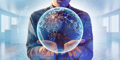 Man holding blue holographic globe with nodes connected around earth. Concept of global network connection, communication, fintech, data exchange, worldwide exchange of information and online banking.