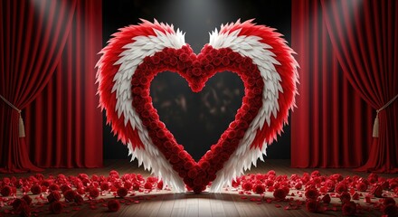 Giant heart made of red roses with white and red wings on a stage. Romantic theater setting with spotlight and rose petals.
