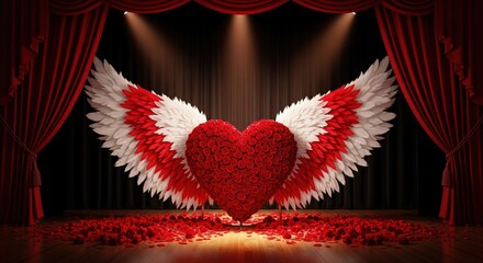 Red rose heart with wide spread angel wings on a dark stage. Spotlight illumination with red curtains and scattered rose petals.