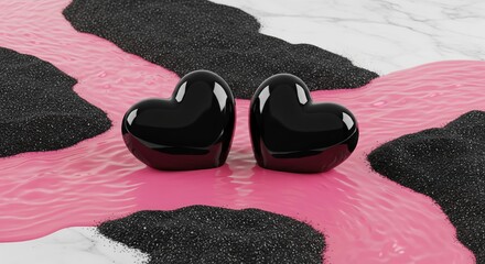 Two shiny black hearts on pink liquid flow and black sand. Modern abstract 3D render on white marble background.