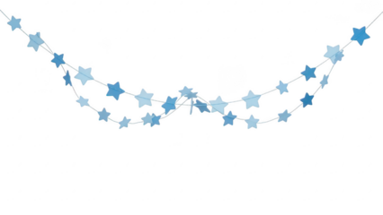 Blue star garland with light and dark shades hanging in a festive curve isolated on transparent background