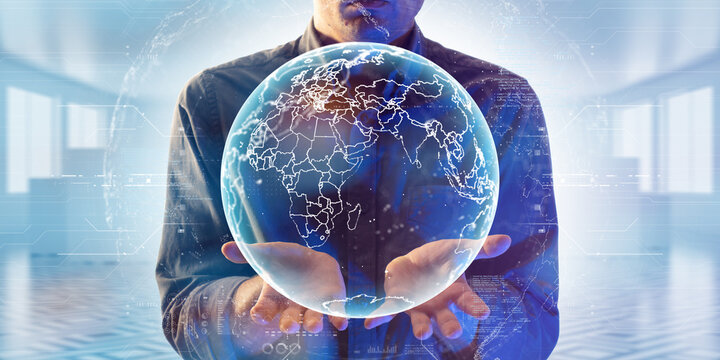 Man holding blue holographic globe with nodes connected around earth. Concept of global network connection, communication, fintech, data exchange, worldwide exchange of information and online banking.