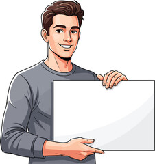 Smiling young man in a grey sweater holding and pointing at a blank white presentation board.