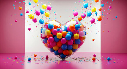 Large glass heart container filled with colorful balloons and confetti. Concept of joy, party, and festive celebration.