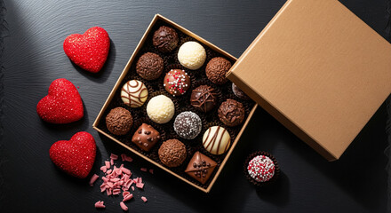 Box of assorted chocolate truffles with red hearts on black slate. Gourmet gift for Valentine's Day or romantic occasion.